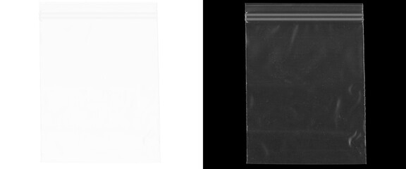 Transparent plastic zipper bag mockup, empty clear poly bag with seal, wrinkled plastic texture on black and white background © Muksuda