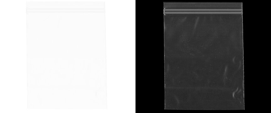 Transparent plastic zipper bag mockup, empty clear poly bag with seal, wrinkled plastic texture on black and white background