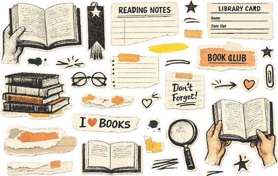 Vintage book lover scrapbook elements, hand drawn library card and reading notes vector set, nostalgic literature journal stickers with paper scraps