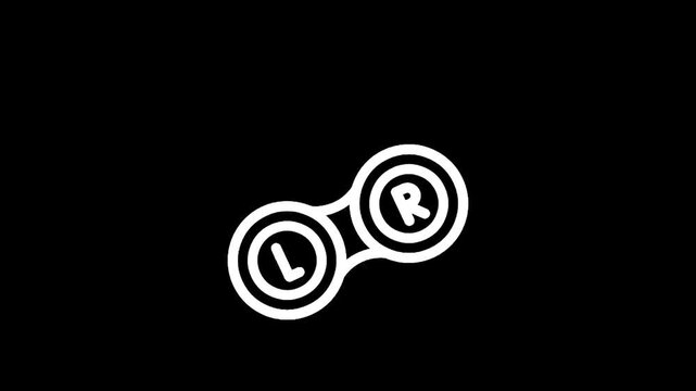 White line art icon of a contact lens case with L and R labels on a black background