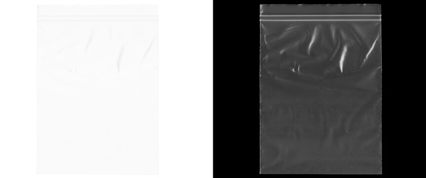 Transparent plastic zipper bag texture, wrinkled polyethylene pouch on black and white background, clear poly bag mockup for product packaging