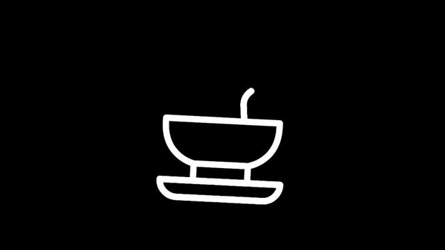 Simple white line art icon of a fondue pot with a spoon on a black background