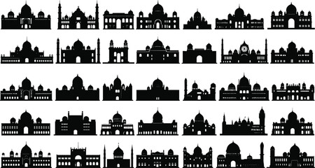 Large collection of mosque silhouettes including traditional Islamic architecture domes and minarets isolated on white background © Mst Shamima