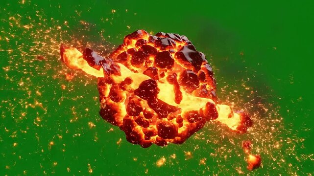 Explosive Asteroid Surrounded By Fiery Sparks on Green Screen Background for Cinematic Visual Effects and Motion Graphics