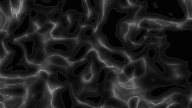 Glowing white smoky liquid patterns on dark background ideal for website backgrounds, digital art projects, or abstract design elements.