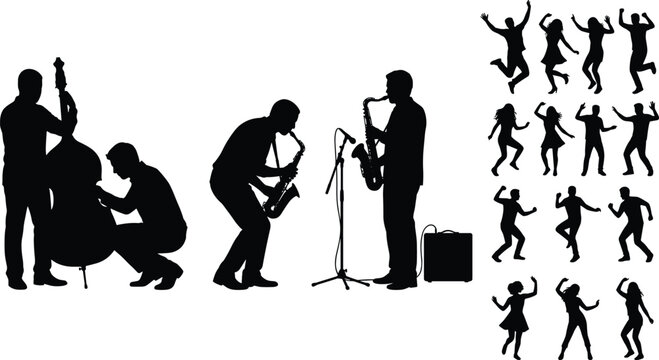 Live jazz band silhouettes featuring double bass player saxophone players and dancing crowd isolated on white background