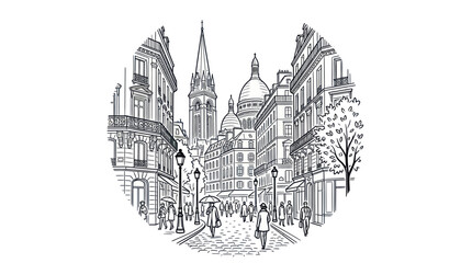 Naklejka premium Parisian Street Scene Sketch - Vintage European Cityscape with Buildings and People