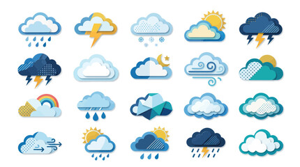 Obraz premium Weather Icons Set: Clouds with Sun, Rain, Snow, Lightning, Wind, Rainbow