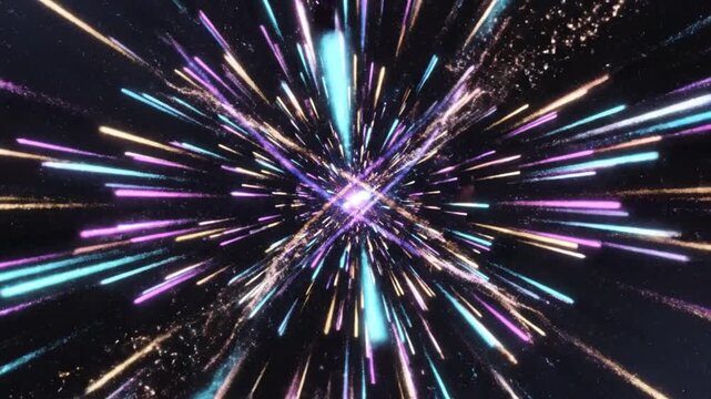 Abstract light speed tunnel background with colorful neon beams and particles, motion blur effect, digital art visualization