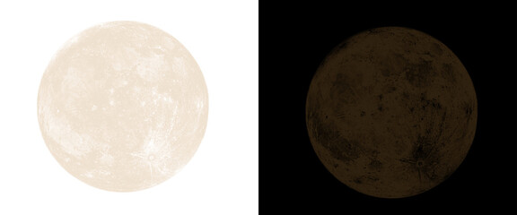 Full moon celestial body comparison, bright lunar surface on white background, dark moon silhouette on black backdrop, astronomical night sky elements © Muksuda