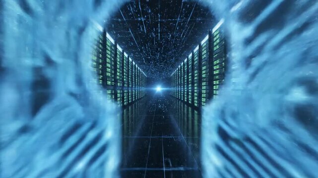 Digital data stream flowing through a futuristic server room, glowing blue lines and particles creating a sense of speed and technology