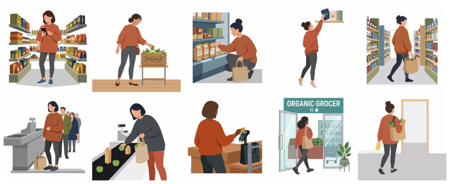 Set of flat vector illustrations showing a woman's grocery shopping journey from browsing aisles to checkout at an organic grocer.