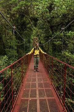 Young man, tourist on red suspension bridge between the treetops in the rainforest, Monteverde Cloud Forest, Monte Verde, Puntarenas Province, Costa Rica