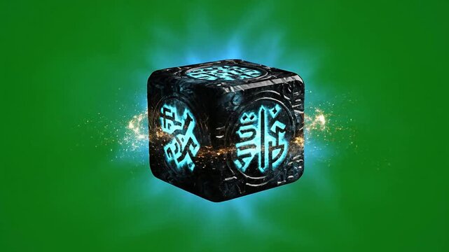 Glowing Black Cube with Blue Symbols and Sparkling Effects Isolated on Green Background for Digital Overlay and Visual Effects
