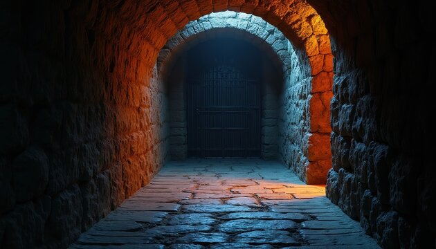 Stone dungeon corridor with barred gate ahead. Rough textured walls lit by orange and blue lights. Cobblestone path leads to locked entrance, creating mystery, suspense, and an ancient feel.