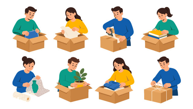 Set of people packing and unpacking boxes in flat style