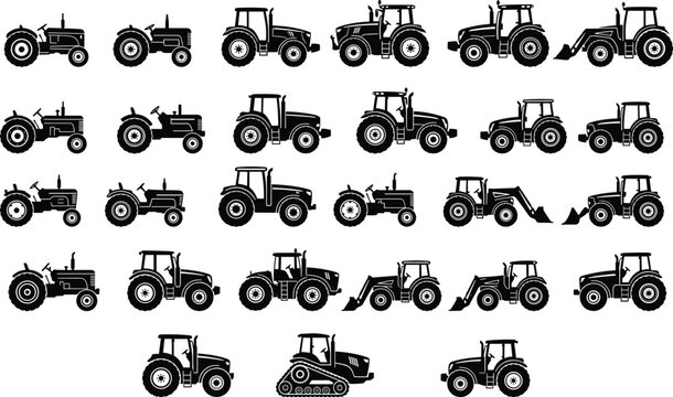 Set of farm tractor silhouettes including vintage models, modern agricultural machinery, and front loaders isolated on white background