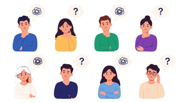 Set of thoughtful people with question marks and tangled thoughts
