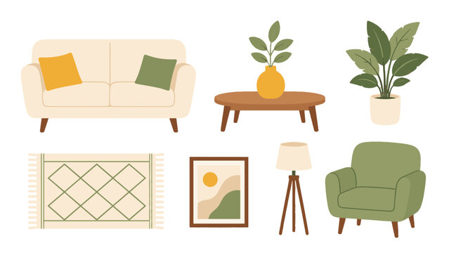 Living room furniture and decor elements in flat vector style