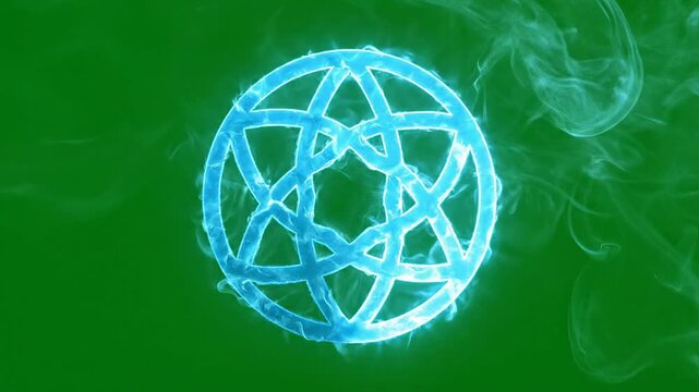 Glowing Blue Pentagram Symbol with Mist Effect on Vibrant Green Background for Mystical and Magical Graphics and Animations