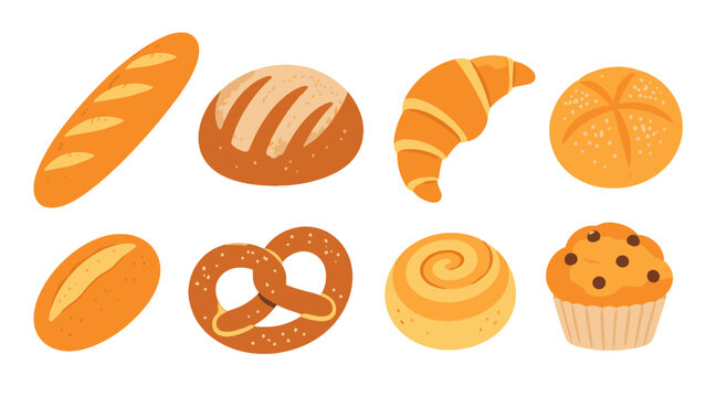 Vector set of assorted bread, pastry, pretzel and muffin icons