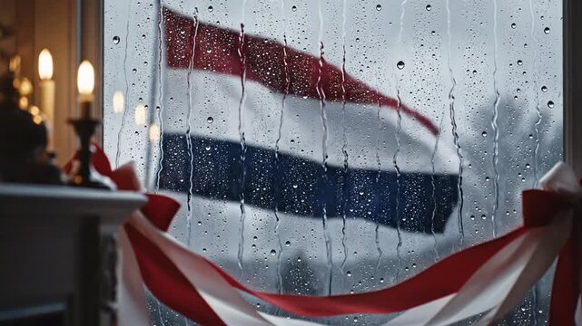 Dutch flag waving through a rainy window with festive ribbons, evoking a sense of patriotism and celebration during inclement weather