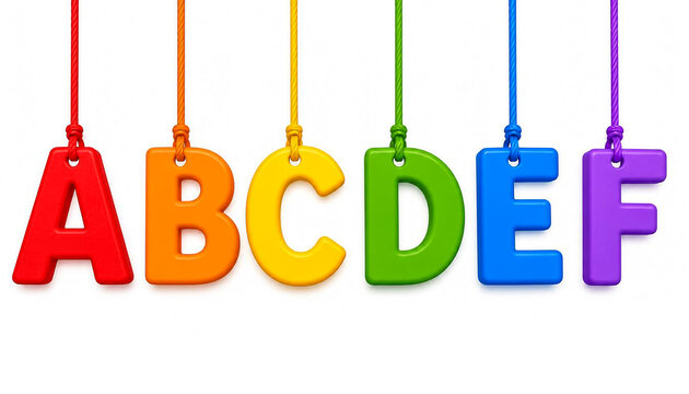 Colorful Alphabet Letters ABCDEF Hanging on Strings Against White Background