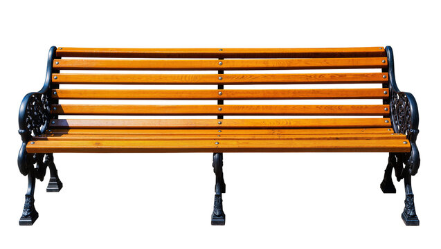 Wooden park bench with ornate black metal legs and armrests