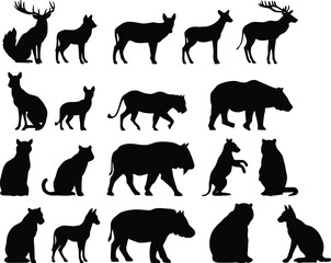Fototapeta premium Wild animals and forest wildlife silhouette vector icon set featuring deer, bear, big cats, wolf, and prehistoric mammal elements