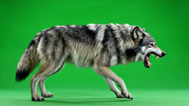 Aggressive Wolf Walking and Growling on Green Screen &ndash; Chroma Key Animal Template