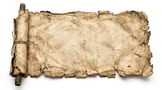Ancient weathered scroll with frayed edges and textured parchment on neutral background