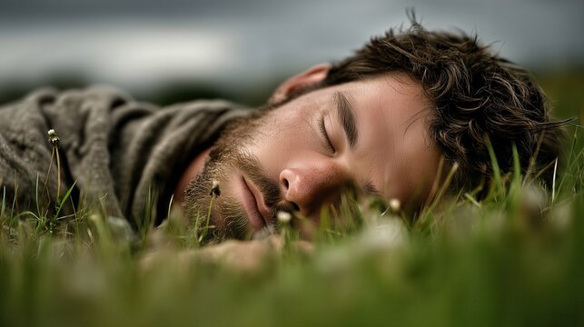man resting on grass with eyes closed, digital detox and unplugged lifestyle concept, mindful relaxation in nature, mental reset, calm outdoor moment with copy space