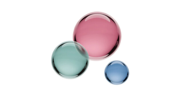 Three colored glass marbles on white background