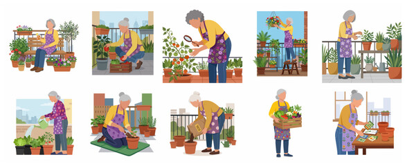 Naklejka premium Set of vector illustrations showing an active senior woman enjoying balcony gardening, harvesting fresh vegetables, watering plants, and caring for her urban garden at home.