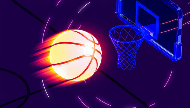 Neon Basketball in Motion Towards Hoop at Night