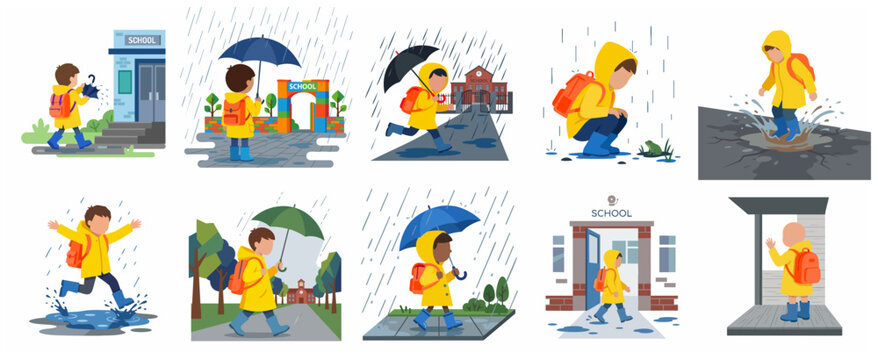 Collection of flat vector illustrations of a schoolboy in a yellow raincoat and boots walking to school, jumping in puddles, and using an umbrella on a rainy day.