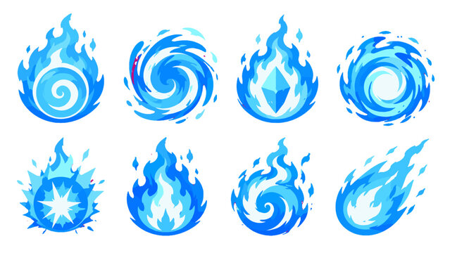 Set of blue flame and swirling fire element vector icons
