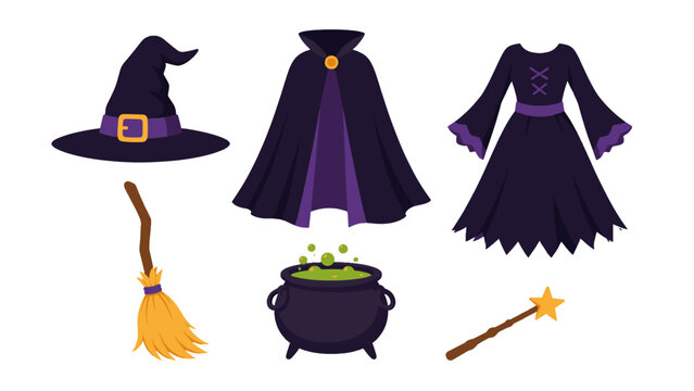 Halloween witch costume and magic objects vector set