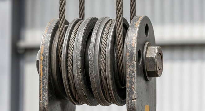 Close-up detail of a heavy-duty industrial pulley system with multiple steel cables wound around its grooved wheels