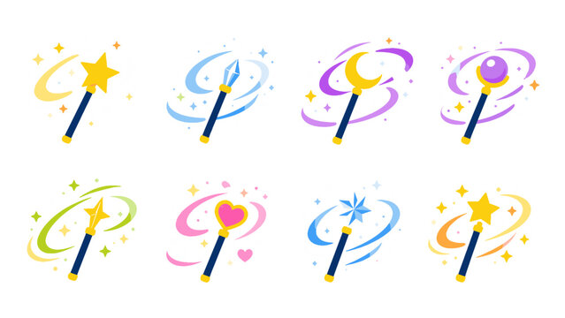 Set of colorful magic wands with stars moon heart and crystal