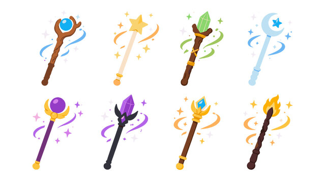 Set of colorful fantasy magic wands and staffs vector