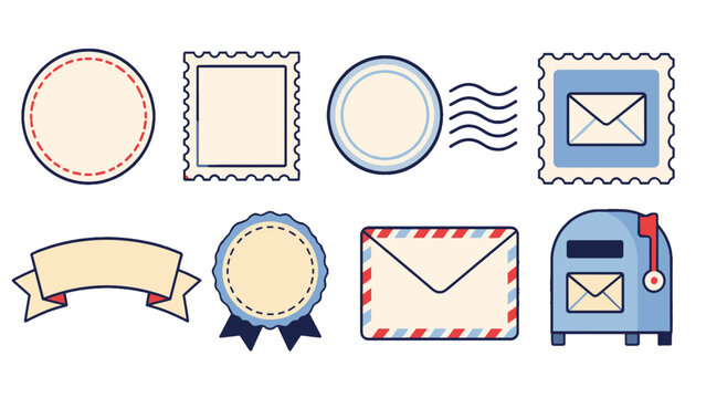 Postage and mail icon set with stamp envelope and mailbox