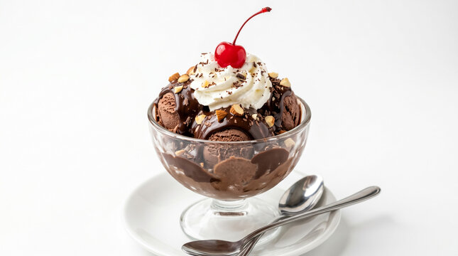 Delicious chocolate dessert with whipped cream and cherry on top