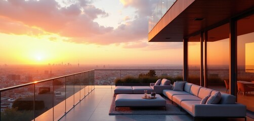 Obraz premium Modern apartment balcony with outdoor furniture overlooking cityscape at sunset. Luxury penthouse terrace with glass railing offers expansive city view. Warm sky hues reflect on building windows.