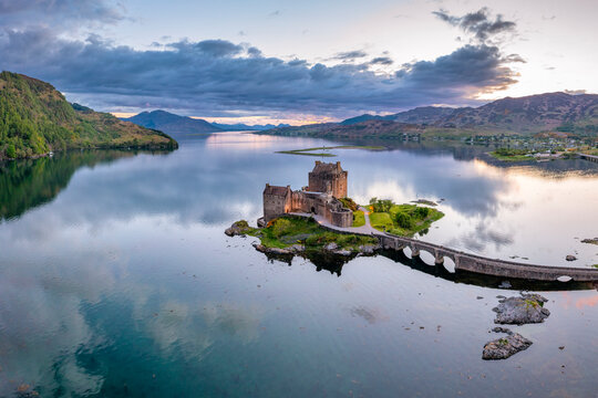 Eilean Donan castle seen from above on sunset