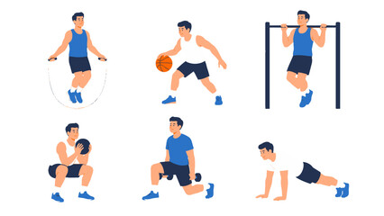 Naklejka premium Men performing different workout exercises in flat vector set