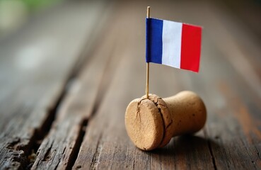Fototapeta premium French flag on wine cork. Symbol of French wine, champagne, celebration, and tradition. Celebrate wine culture and national pride with this unique image.