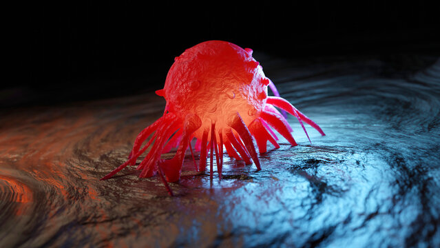 Three dimensional render of cancer cells in human body