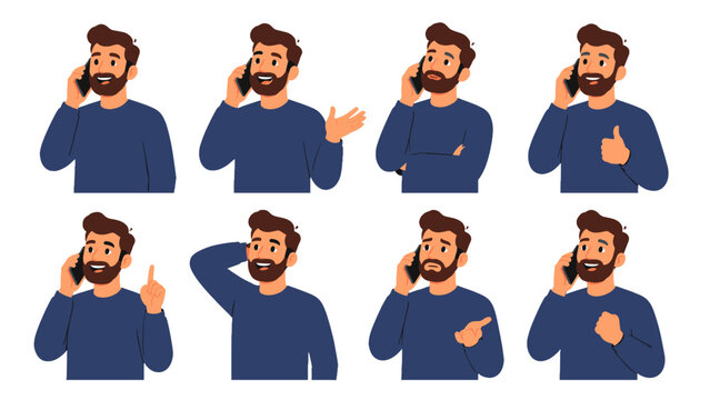 Set of bearded man talking on smartphone in different poses