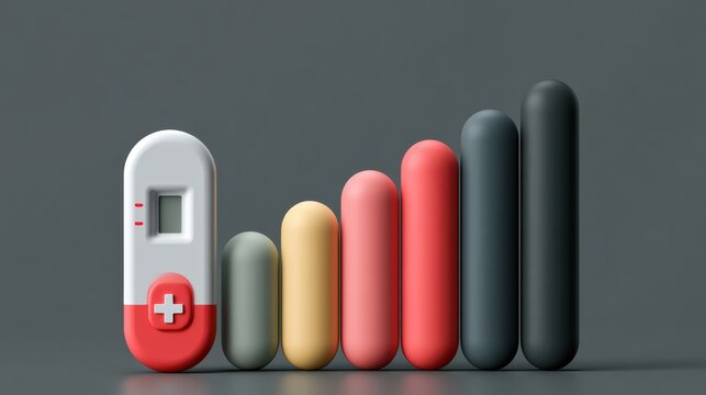 A digital thermometer with a medical cross symbol is placed beside a colorful ascending bar chart on a gray background.